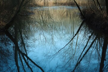 A serene lake scene surrounded by lush greenery