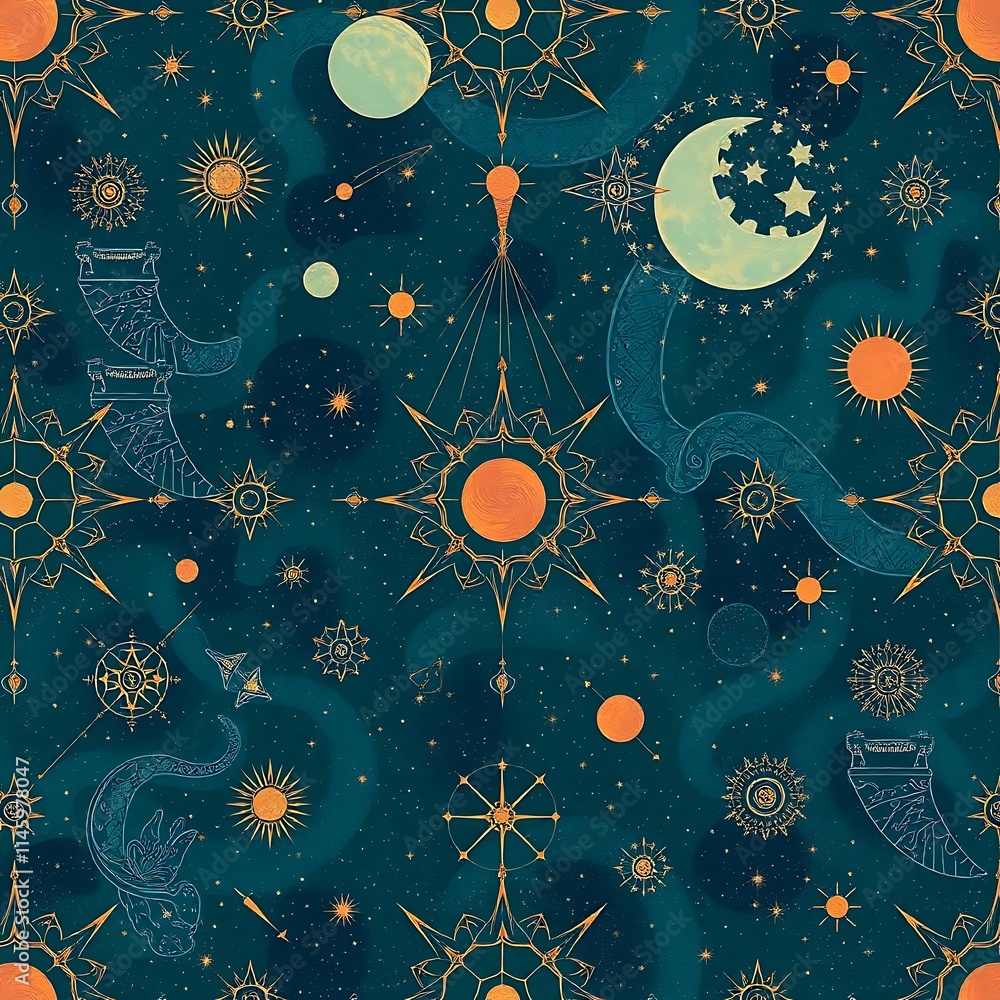 Poster celestial dreamscape: a captivating, seamless pattern with a dark teal background, adorned with intr