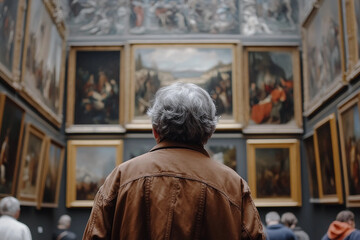 Generative AI Artwork of Person Observing Paintings Canvas in Elegant Art Gallery Museum Exhibition
