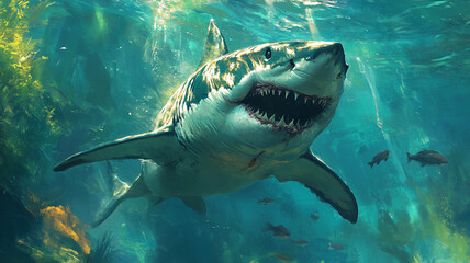 Fototapeta premium powerful great white shark swims through clear turquoise waters, showcasing its strength and