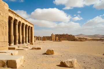 Obraz premium A large stone building in the middle of a desert, suitable for use as a backdrop or setting