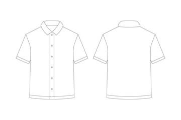 Minimalistic outline vector illustration of a short-sleeve shirt template, showing front and back views. Ideal for fashion design mockups, clothing patterns, or technical apparel drawings.