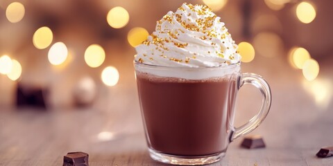 Indulge in hot chocolate topped with velvety whipped cream and sprinkled with golden edible glitter, served in a transparent cup, with a softly blurred background enhancing the hot chocolate