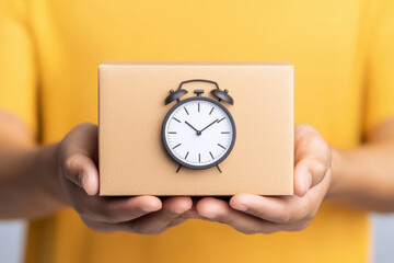 person holding package with clock design, symbolizing time management and delivery