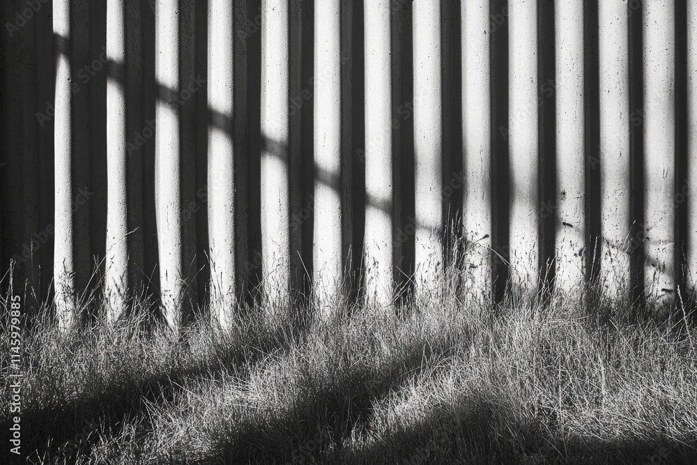 Aufkleber a serene black and white image featuring natural grass beneath the shadows cast by an abstract verti