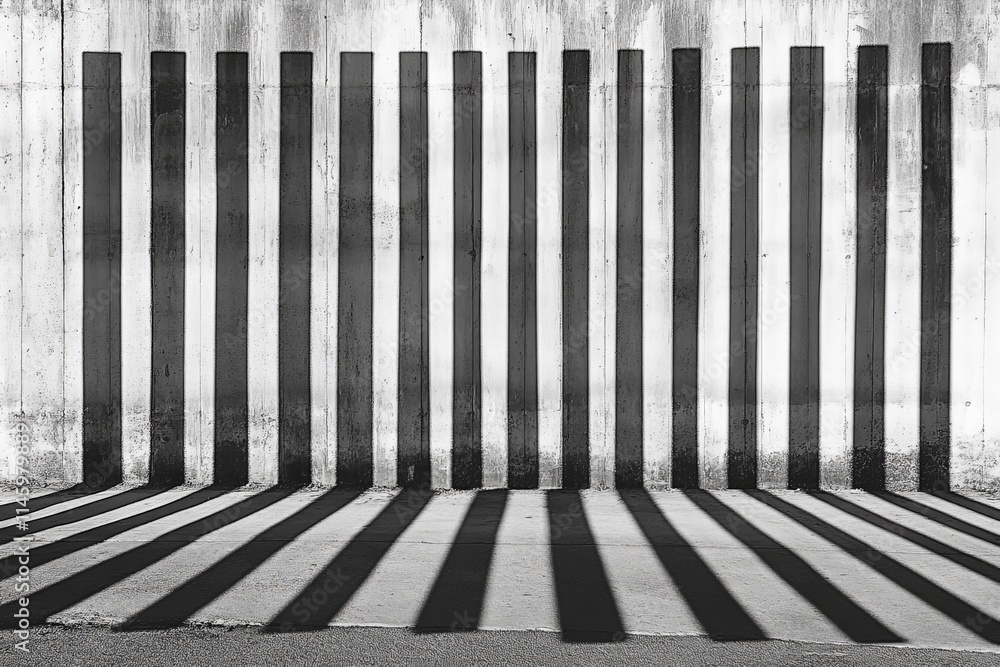 Fototapete This black and white image captures strong vertical shadows on a concrete wall, forming an abstract and geometric pattern, emphasizing lines and symmetry.