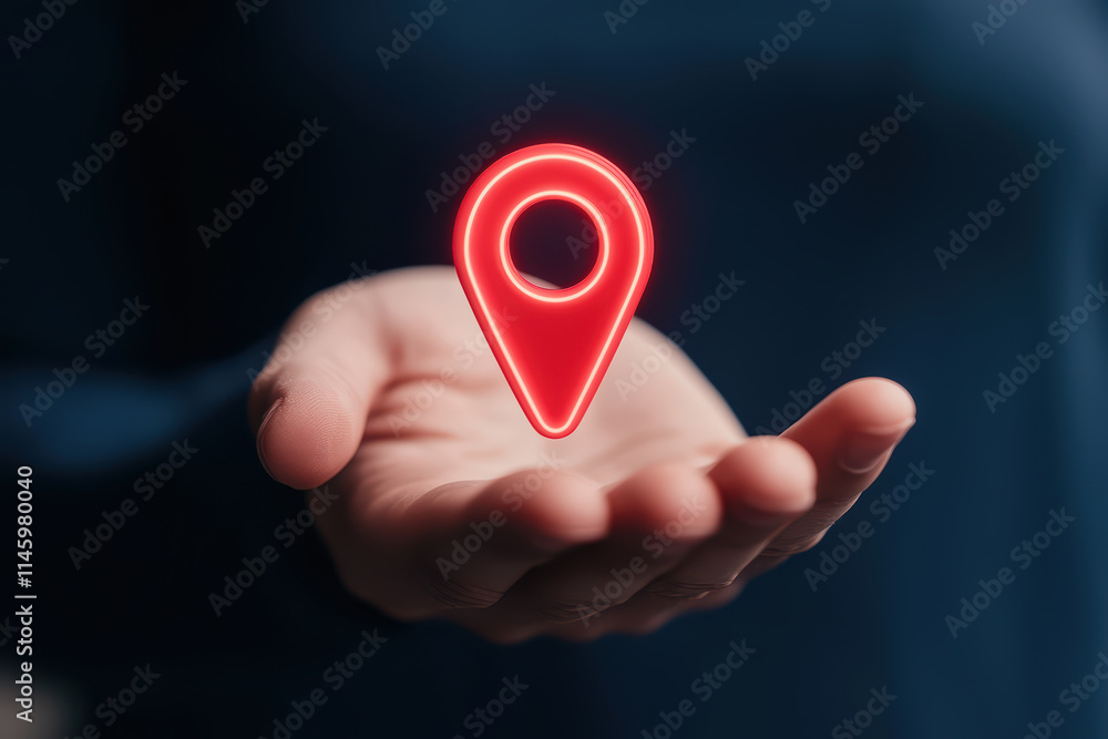 Poster hand holding glowing red location pin symbol, representing navigation and mapping