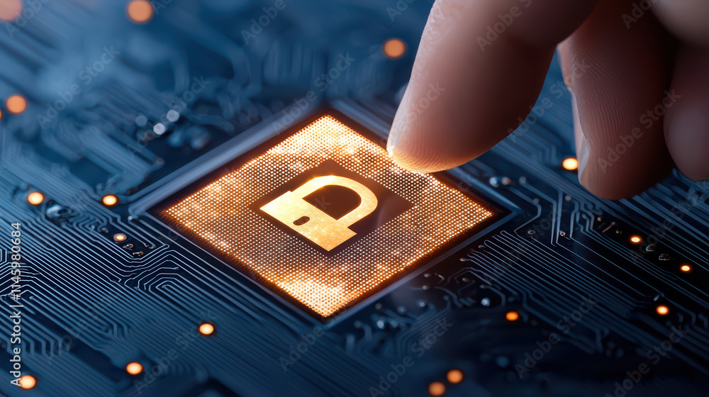 Aufkleber close up of hand touching secure digital lock symbol on circuit board, representing cybersecurity an