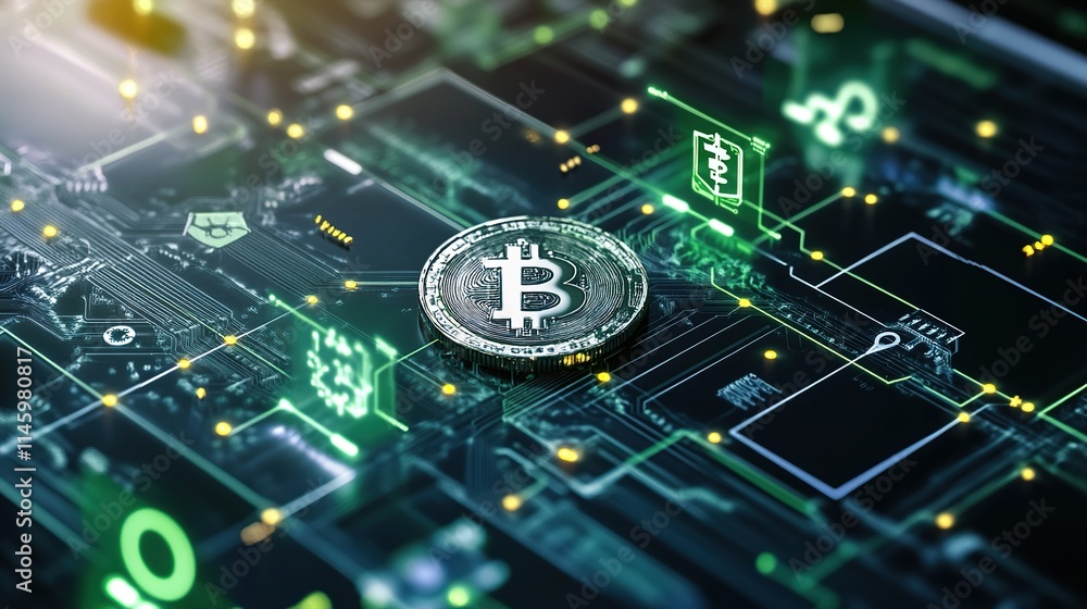Poster a blockchain network visualized with green energy icons and sustainable business nodes