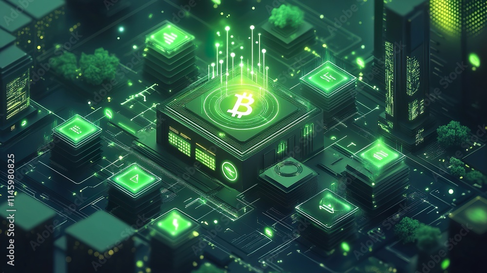 Aufkleber a blockchain network visualized with green energy icons and sustainable business nodes