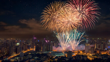 Naklejka premium Fireworks illuminate the night sky over the city and river, celebrating the new year with a dazzling display of light and color