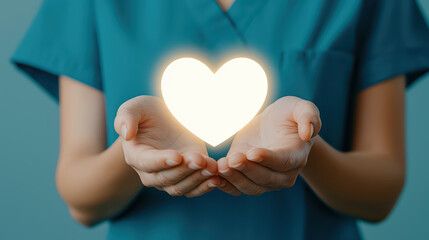 healthcare worker holds glowing heart symbol, representing care and compassion. This conveys warmth and dedication in healthcare