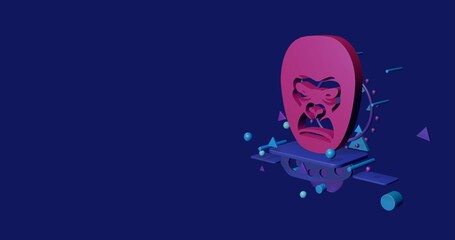 Pink gorilla head on a pedestal of abstract geometric shapes floating in the air. Abstract concept art with flying shapes on the right. 3d illustration on indigo background