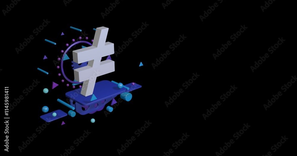 Poster white not equal symbol on a pedestal of abstract geometric shapes floating in the air. abstract conc