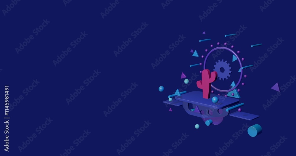 Poster pink cactus symbol on a pedestal of abstract geometric shapes floating in the air. abstract concept 