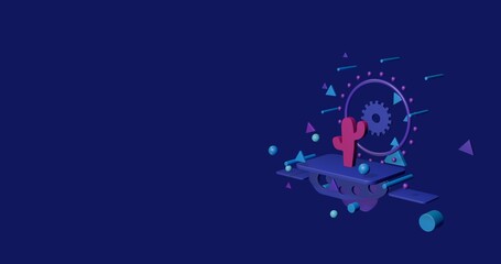 Pink cactus symbol on a pedestal of abstract geometric shapes floating in the air. Abstract concept art with flying shapes on the right. 3d illustration on indigo background