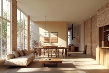 Fototapeta premium A cozy living room featuring wooden furniture, soft lighting, natural light, and decor that includes nature-inspired art, creating a warm and inviting space.