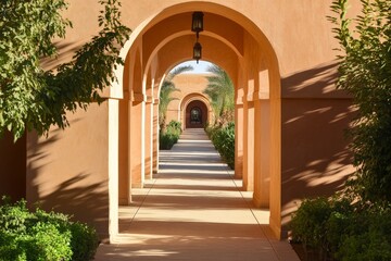 Fototapeta premium The image captures sunlit arches leading to a terrace, surrounded by lush greenery, casting dynamic shadows, inviting exploration and tranquility.