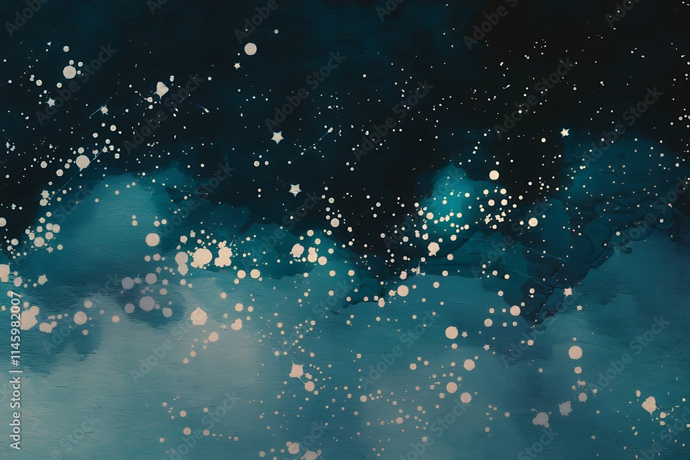 Poster midnight blue background with soft, luminous white points shimmering across the surface. the dots va