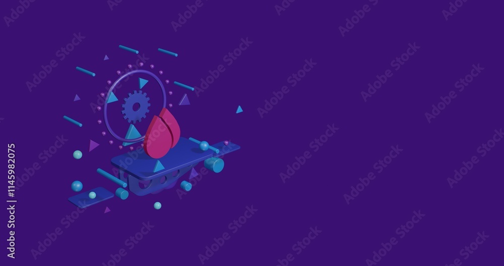 Poster pink water drop symbol on a pedestal of abstract geometric shapes floating in the air. abstract conc