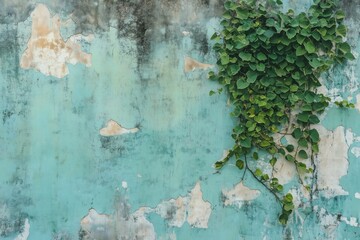 Weathered turquoise wall with peeling paint and green ivy growing on it, creating a contrast between the natural and the urban.