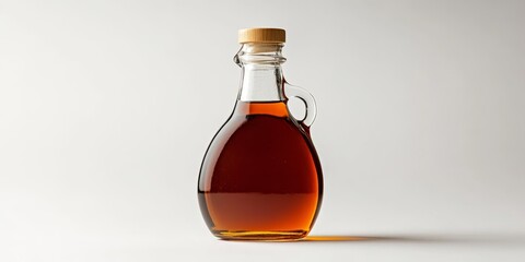 A bottle of maple syrup stands prominently against a white background, showcasing the rich color and texture of the maple syrup that s perfect for various culinary delights.