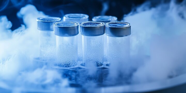 Cryopreservation of specimens in test tubes utilizing liquid nitrogen, with a focus on a liquid nitrogen bank that stores vital cryosamples of sperm and eggs for future use in storage.