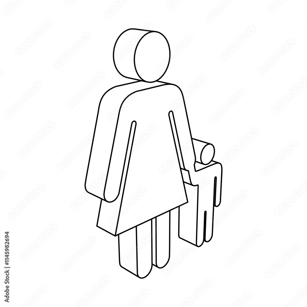 Poster the outline of a large woman with child symbol is made with black lines. 3d view of the object in pe