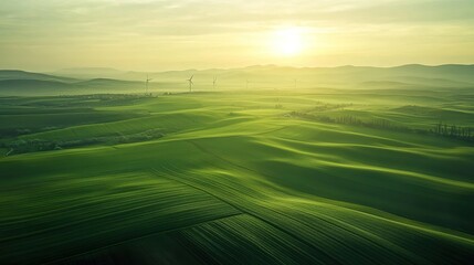 Obraz premium A drone view of a green farming landscape with wind turbines in the distance