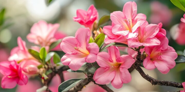 Beautiful pink bignonia flowers, also known as Adenium flowers, bloom on a tree, showcasing stunning pink azalea flowers in a garden setting. Fresh pink flowers create a vibrant background.