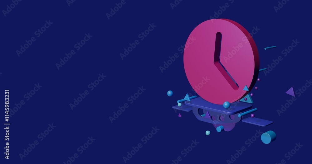 Poster pink time symbol on a pedestal of abstract geometric shapes floating in the air. abstract concept ar