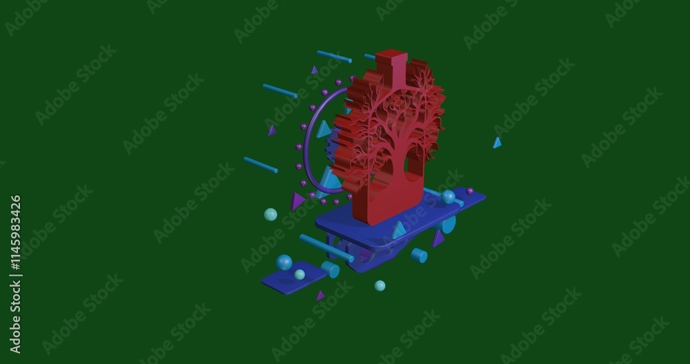 Aufkleber red mystical tree in bottle symbol on a pedestal of abstract geometric shapes floating in the air. a