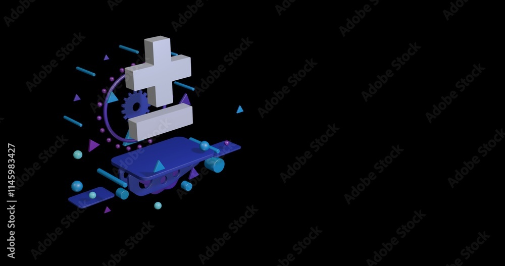 Poster white plus–minus sign on a pedestal of abstract geometric shapes floating in the air. abstract conce