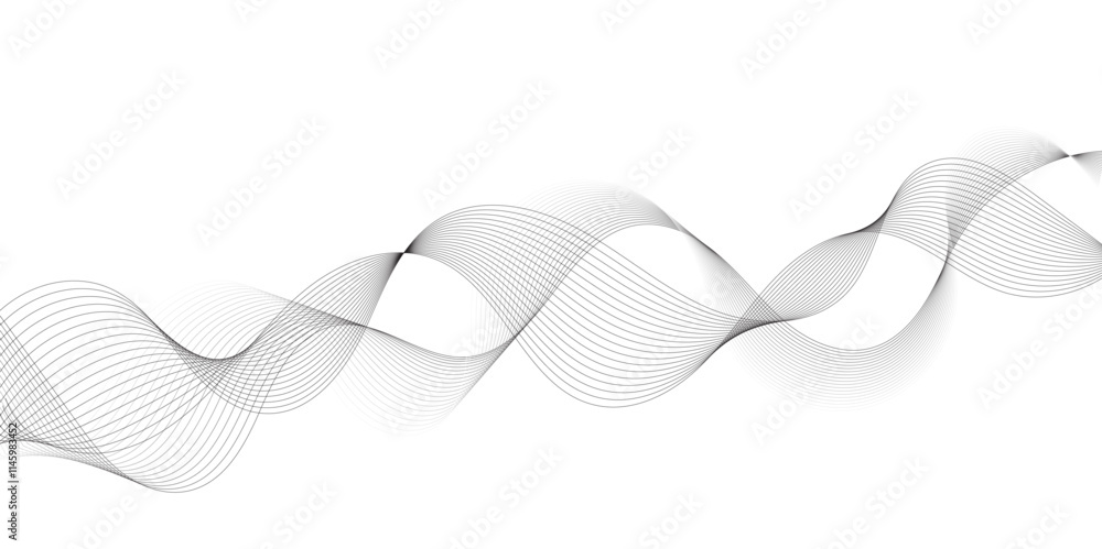Poster Abstract grey, white smooth element swoosh speed wave modern stream background. Wave with lines created using blend tool. Abstract frequency sound wave lines and twisted curve lines background.	