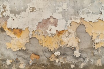 Weathered wall with peeling paint in various shades of gray, yellow, and orange. The texture reveals layers of old paint and rough surface underneath.