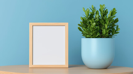 wooden frame stands empty on table beside potted green plant, creating serene atmosphere