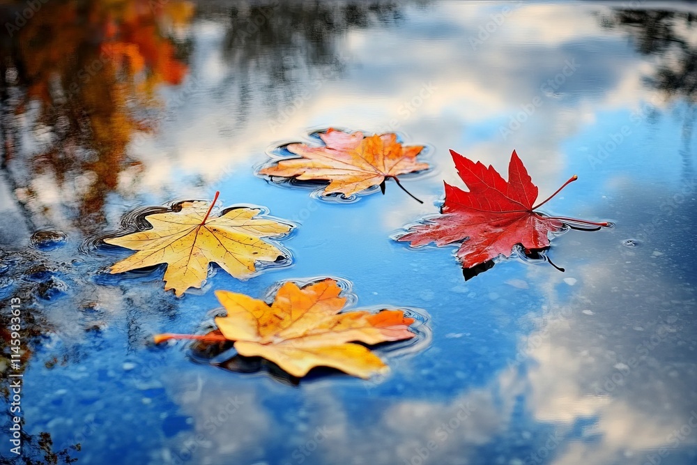 Poster a collection of colorful autumn leaves gently floating on the surface of a reflective puddle, mirror