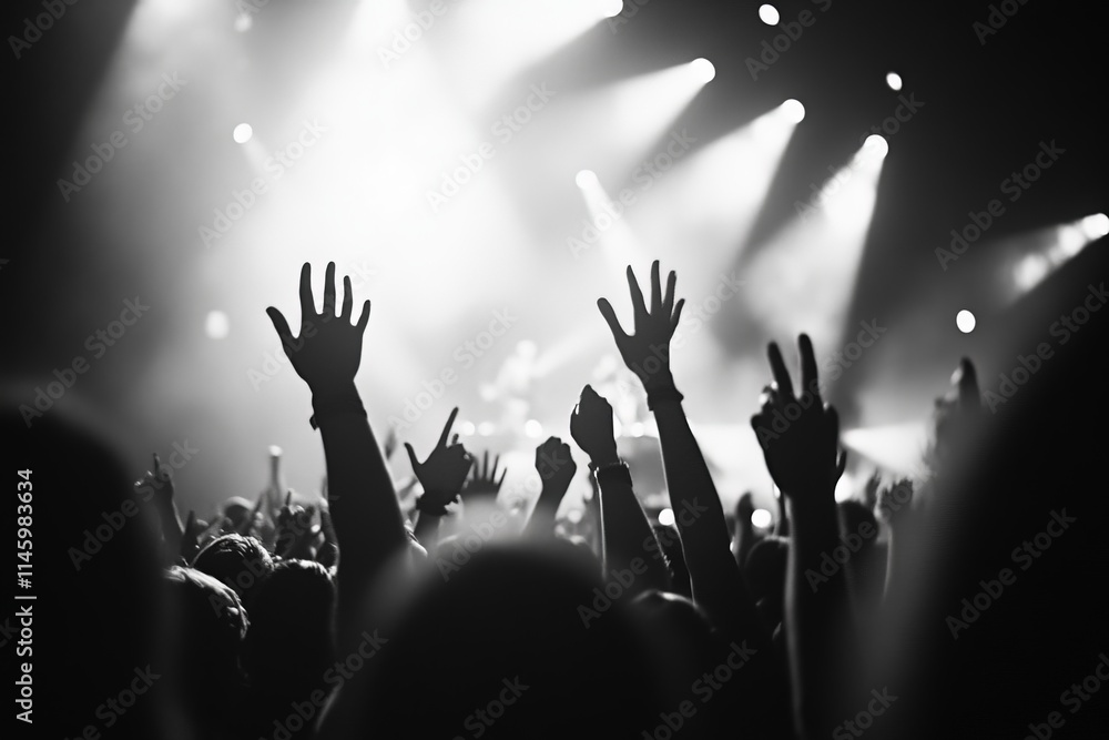 Aufkleber a lively crowd with hands raised high, captured under bright stage lights, creating a dynamic and en