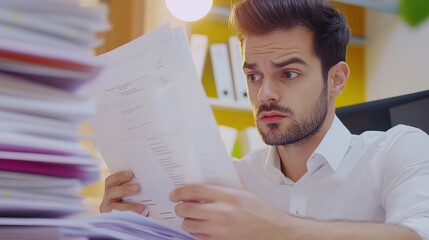 Businessman sitting at desk surrounded by stacks of papers, looking concerned while reading document about business regulations, professional workplace tension and focus.
