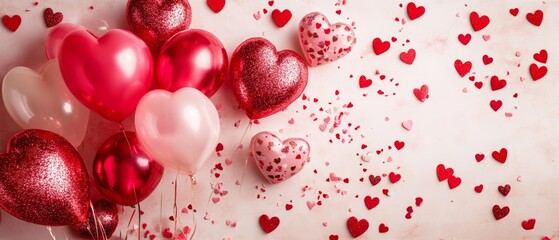 A charming display of red and white balloons dances against a backdrop of heart decorations, creating a romantic atmosphere perfect for Valentine's Day.