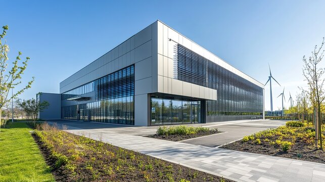 A modern data center powered by renewable energy, with solar panels and wind turbines nearby