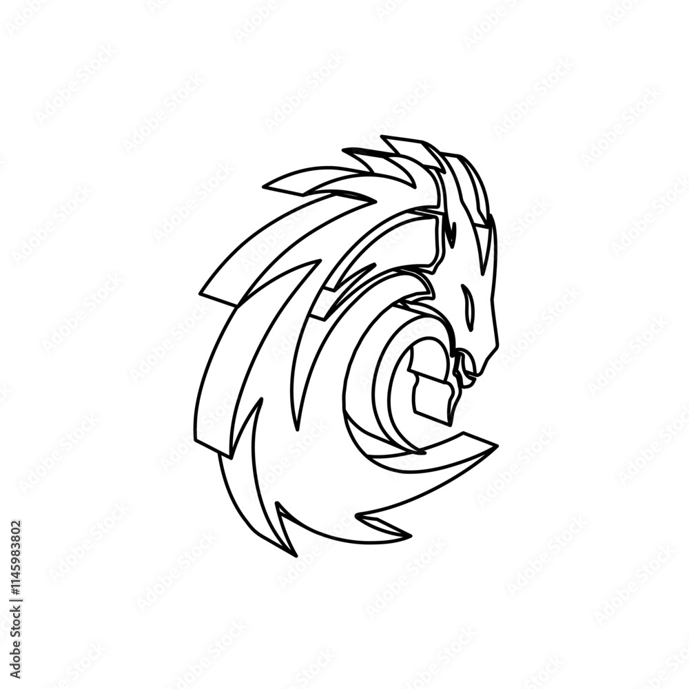 Poster the outline of a large dragon's head symbol is made with black lines. 3d view of the object in persp