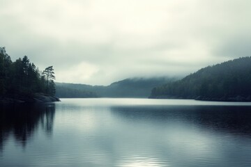 A serene lake scene with trees surrounding the water's edge on a cloudy day