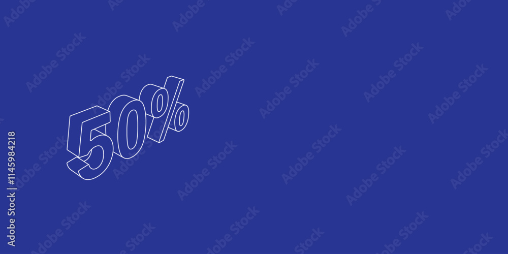 Poster the outline of a large 50 percent symbol made of white lines on the left. 3d view of the object in p