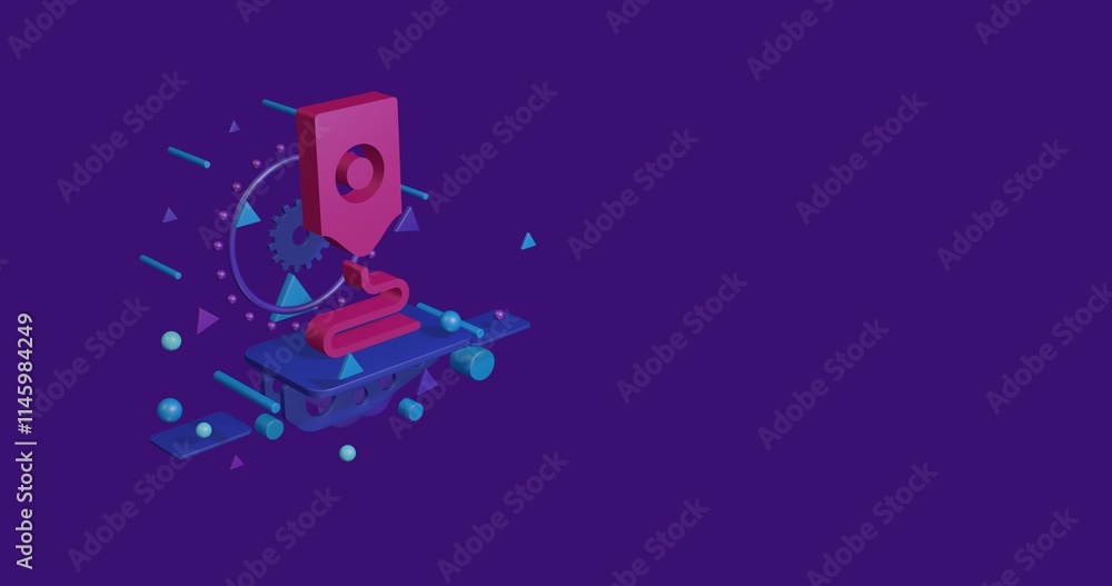 Poster pink 3d printer symbol on a pedestal of abstract geometric shapes floating in the air. abstract conc