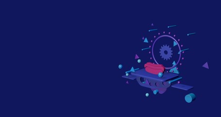 Pink hotdog symbol on a pedestal of abstract geometric shapes floating in the air. Abstract concept art with flying shapes on the right. 3d illustration on indigo background