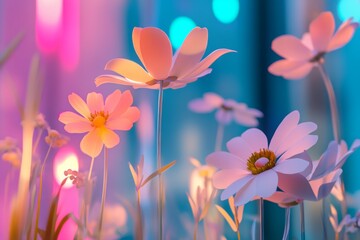 A dreamy field of vibrant flowers glows under a soft pink light, contrasted by a serene blue sky, creating a romantic Valentine's Day scene.