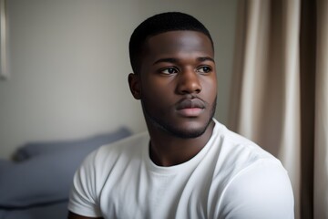 Pensive Young Black Man in White T Shirt Indoor Portrait