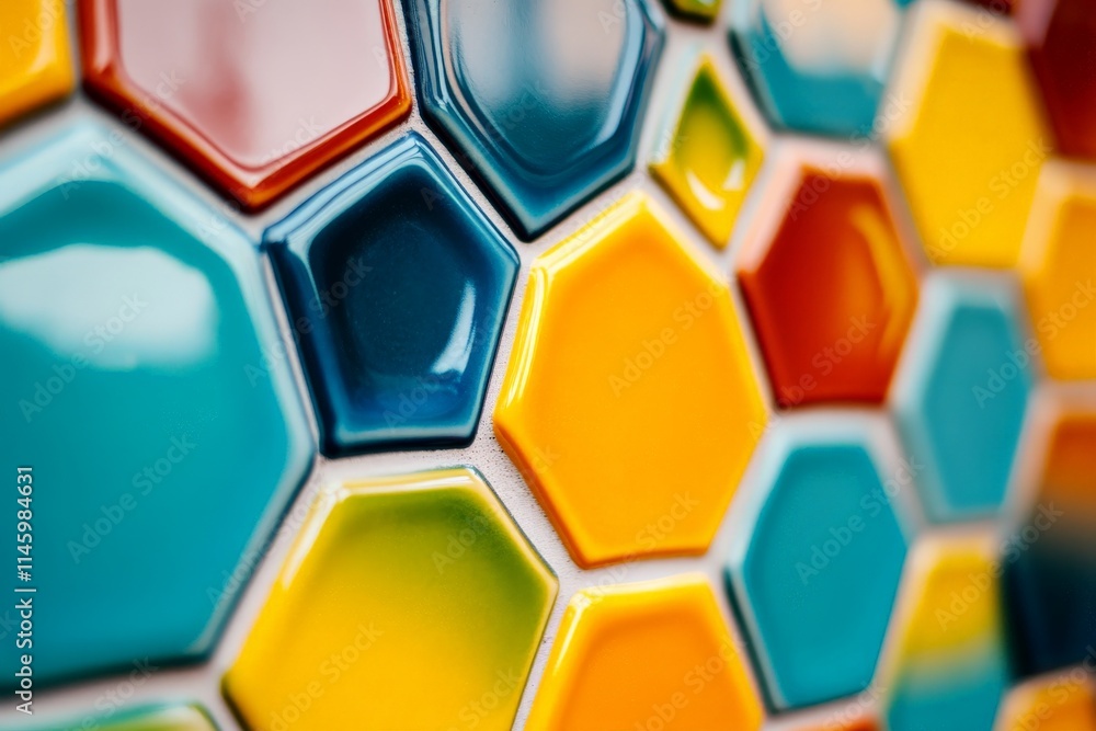 Poster close-up of glossy, colorful hexagon tiles arranged in a lively pattern, creating a bright and playf