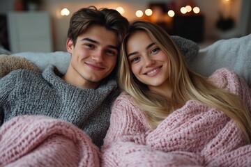 Cozy hearts entwined, sharing warmth and whispers under a soft blanket, celebrating love in a serene moment on Valentine's Day.